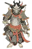 necromancer wearing black and red armour tattoo design idea