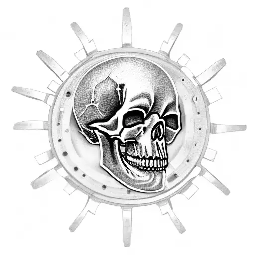 an open skull with gears and motorcycle parts sticking out of the top of the skull tattoo design idea