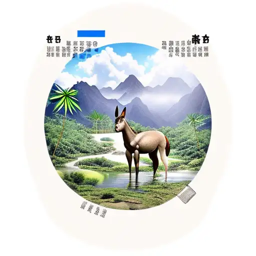 mule drinking from a reedy river, mountains in the background and Puerto Rican royal palm, mango and bamboo trees tattoo design idea