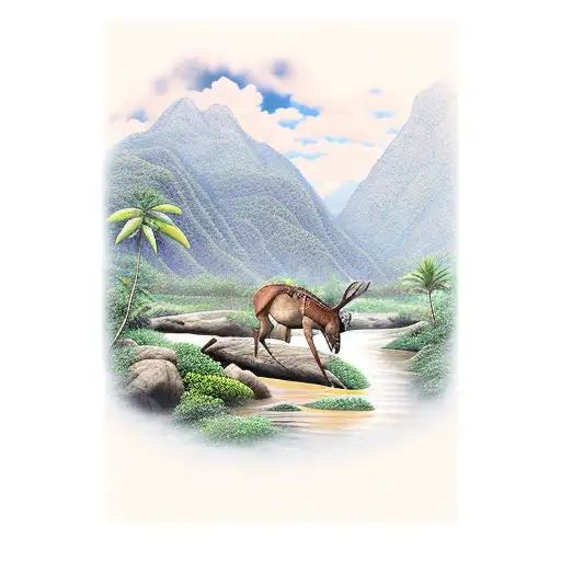 mule drinking from a reedy river, mountains in the background and Puerto Rican royal palm, mango and bamboo trees tattoo design idea