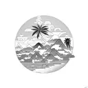 mule drinking from a reedy river, mountains in the background and Puerto Rican royal palm, mango and bamboo trees tattoo design idea