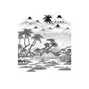 mule drinking from a reedy river, mountains in the background and Puerto Rican royal palm, mango and bamboo trees tattoo design idea