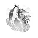 mule drinking from a reedy river, mountains in the background and Puerto Rican royal palm, mango and bamboo trees tattoo design idea