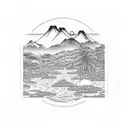 mule drinking from a reedy river, mountains in the background and Puerto Rican royal palm, mango and bamboo trees tattoo design idea