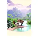 mule drinking from a reedy river, mountains in the background and Puerto Rican royal palm, mango and bamboo trees tattoo design idea