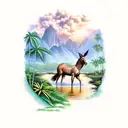 mule drinking from a reedy river, mountains in the background and Puerto Rican royal palm, mango and bamboo trees tattoo design idea