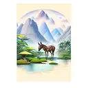 mule drinking from a reedy river, mountains in the background and Puerto Rican royal palm, mango and bamboo trees tattoo design idea