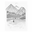mule drinking from a reedy river, mountains in the background and Puerto Rican royal palm, mango, bamboo trees with a co tattoo design idea