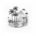 mule drinking from a reedy river, mountains in the background and Puerto Rican royal palm, mango, bamboo trees with a co tattoo design idea