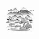 mule drinking from a reedy river, mountains in the background and Puerto Rican royal palm, mango, bamboo trees with a co tattoo design idea