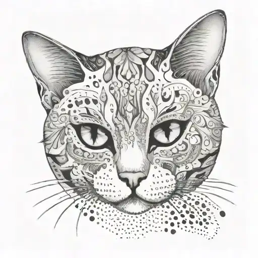 draw a tattoo of a cat with white eyes without pupils, smooth white fur, ears flattened, paws bent, the cat is cooking tattoo design idea