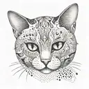 draw a tattoo of a cat with white eyes without pupils, smooth white fur, ears flattened, paws bent, the cat is cooking tattoo design idea