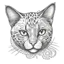 draw a tattoo of a cat with white eyes without pupils, smooth white fur, ears flattened, paws bent, the cat is cooking tattoo design idea