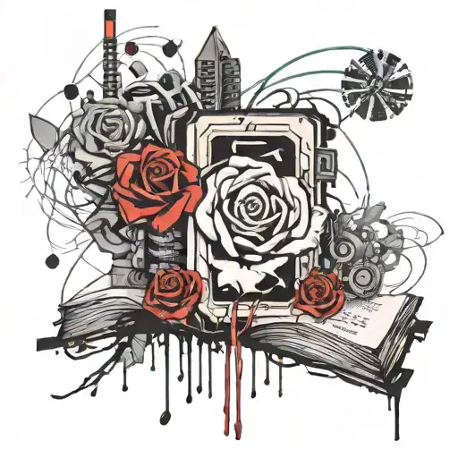 crystal rose coming out of an open book surrounded by motherboard wires tattoo design idea