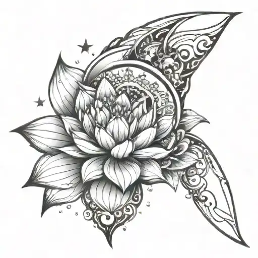upper arm half sleeve with moon and lotus flower, stars, and mandala  tattoo design idea