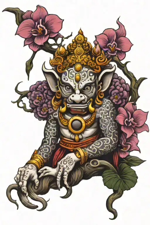 phra rahu surrounded by orchids  tattoo design idea