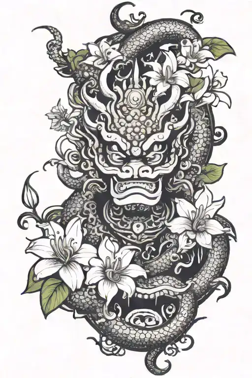 phra rahu surrounded by orchids  tattoo design idea