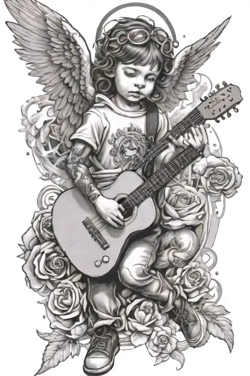 A memorial portrait of a child playing a guitar, with angelic wings and a halo, surrounded by symbols of good and evil in a cosmic background tattoo design idea