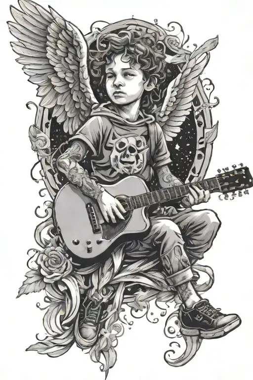 A memorial portrait of a child playing a guitar, with angelic wings and a halo, surrounded by symbols of good and evil in a cosmic background tattoo design idea