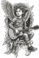 A memorial portrait of a child playing a guitar, with angelic wings and a halo, surrounded by symbols of good and evil in a cosmic background tattoo design idea