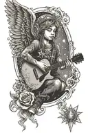 A memorial portrait of a child playing a guitar, with angelic wings and a halo, surrounded by symbols of good and evil in a cosmic background tattoo design idea