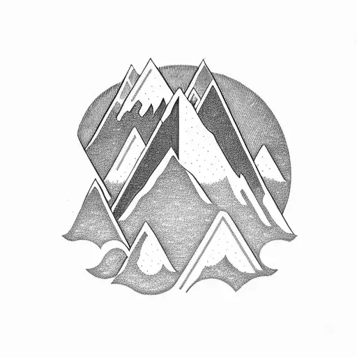 A rectangle tattoo with a stippling mountains, clouds, waves and pine trees with a curvy design tattoo design idea