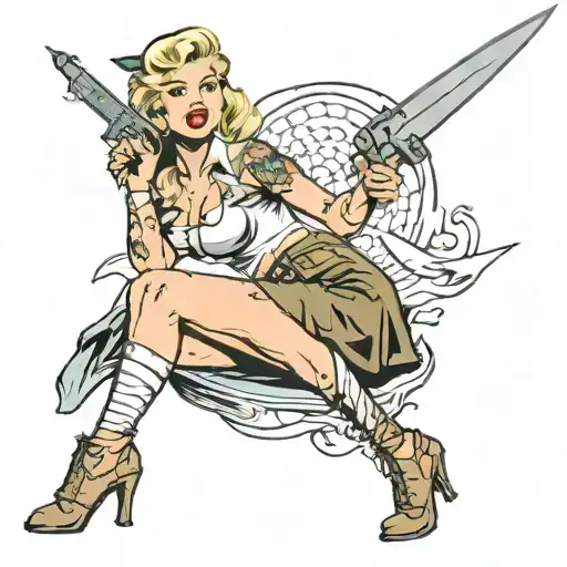 sexy blonde army pinup girl with knife and thong panties  tattoo design idea