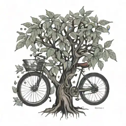 Design a money tree growing out of a bike tire, with Monika's name subtly integrated into the roots tattoo design idea