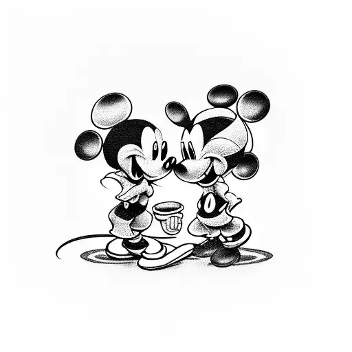 Mickey and Minnie sitting in a cozy cafe, sipping coffee tattoo design idea