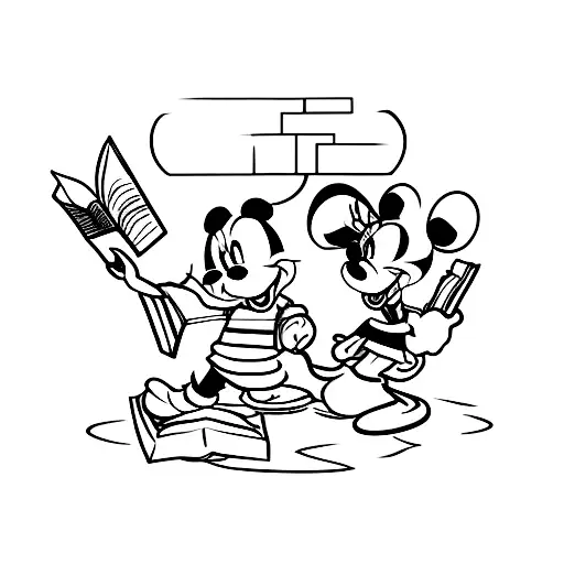 A minimalist tattoo of Minnie and Mickey Mouse holding coffee mugs and reading books tattoo design idea