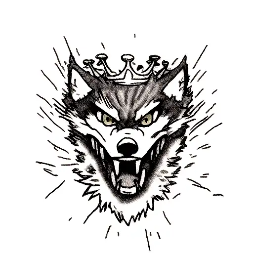 Luffy gear 5 , wounded wolf face  , crown tattoo design idea