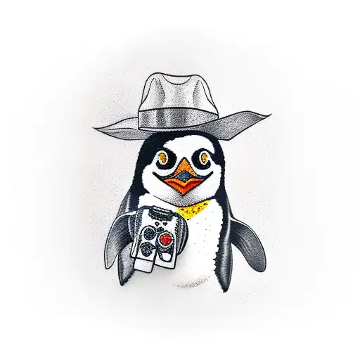 Create a realistic portrait of a penguin wearing a machinist's hat and holding a video game controller tattoo design idea