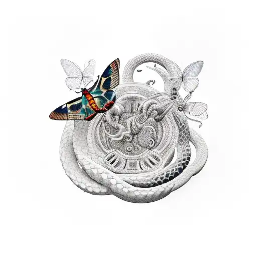 a goddess with snakes, butterflies, moth'and grapefruit  tattoo design idea