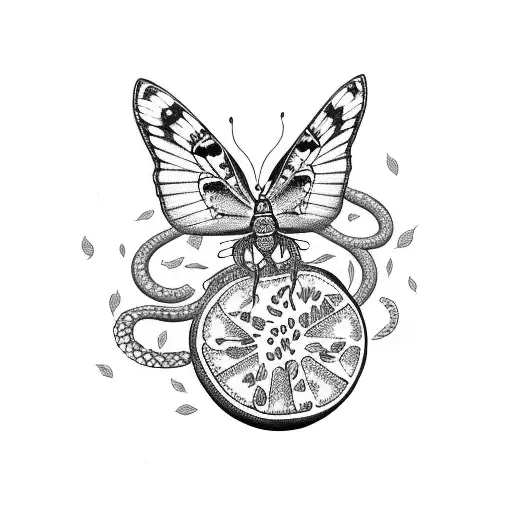a goddess with snakes, butterflies, moth'and grapefruit  tattoo design idea