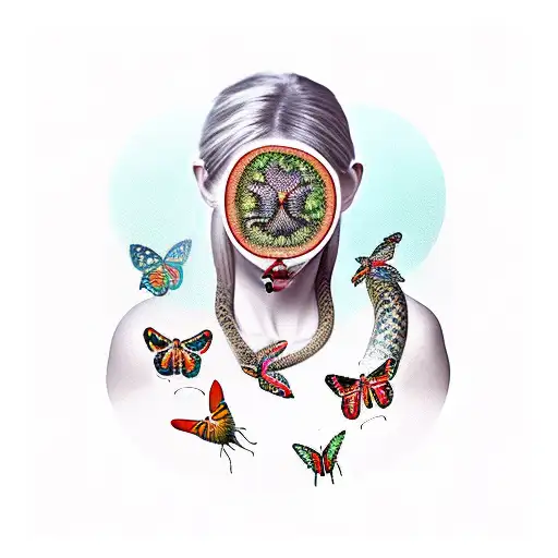 a lady with snakes, butterflies, moth'and grapefruit  tattoo design idea