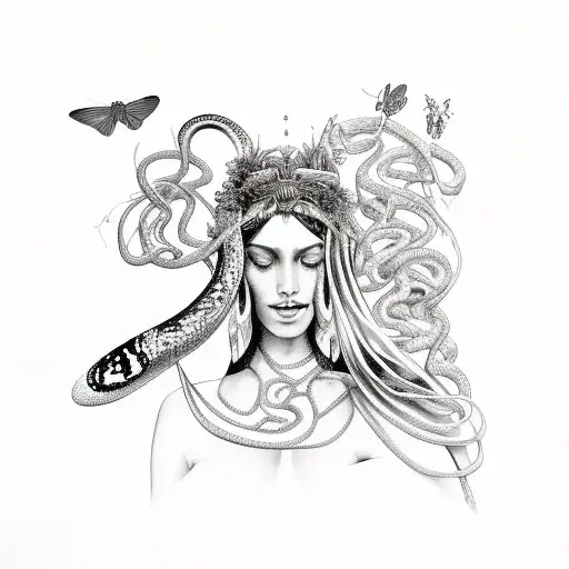 a goddess with snakes, butterflies, moth'and grapefruit  tattoo design idea