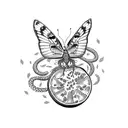 a goddess with snakes, butterflies, moth'and grapefruit  tattoo design idea