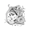 a goddess with snakes, butterflies, moth'and grapefruit  tattoo design idea