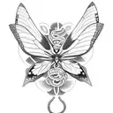 a goddess with snakes, butterflies, moth'and grapefruit  tattoo design idea