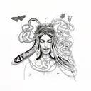 a goddess with snakes, butterflies, moth'and grapefruit  tattoo design idea