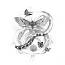 a goddess with snakes, butterflies, moth'and grapefruit  tattoo design idea