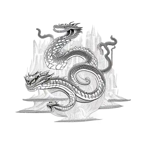 old ancient town with a dragon flying over and a snake on the ground tattoo design idea