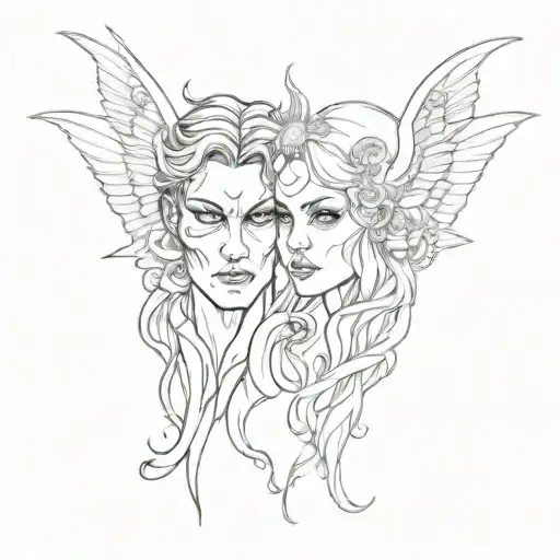 devil and angel face too face gothic art tattoo design idea