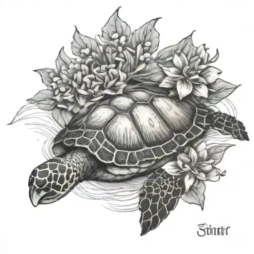 sea turtle with july September january birthflower vining tattoo design idea