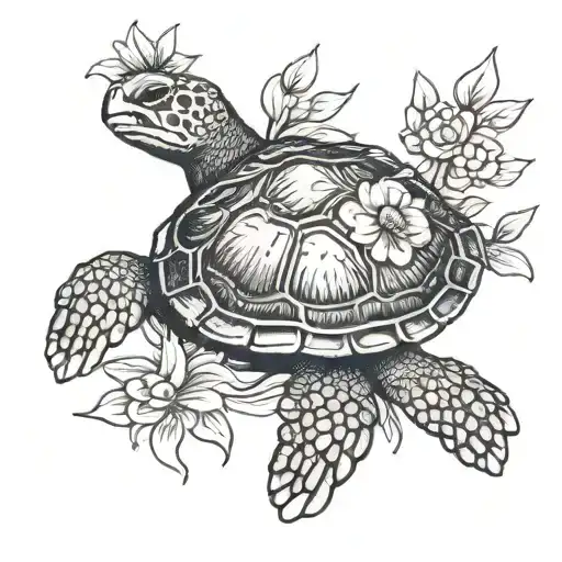 sea turtle with july birth flower bouquet tattoo design idea