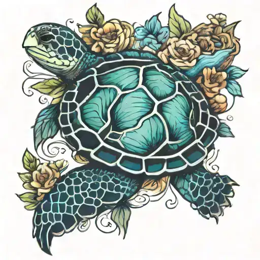 sea turtle with july September january birthflower vining tattoo design idea