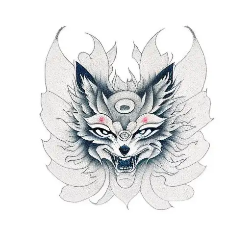 Incorporate the image of a kitsune mask seamlessly into a larger Japanese-style full back tattoo, with cherry blossoms cascading down the spine. tattoo design idea