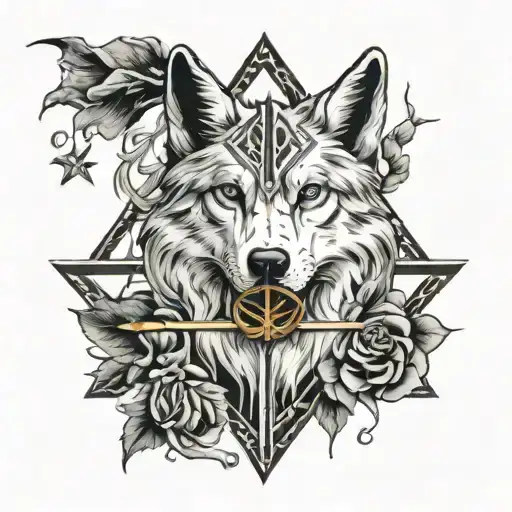 the deathly hallows with wand and a wolf tattoo design idea