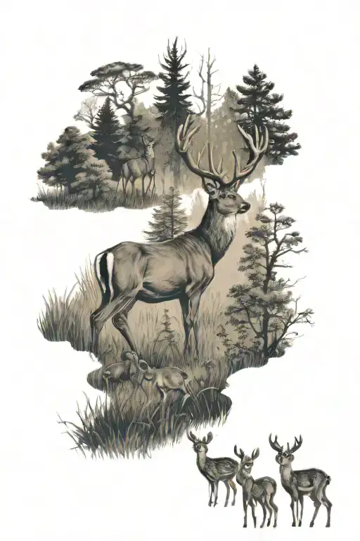 forest background with meadow in front. a buck and doe stand in the meadow with three fawns in front  tattoo design idea