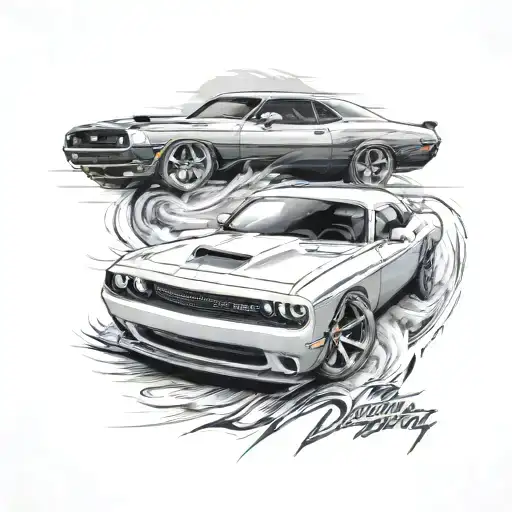 Create a tattoo design featuring a Dodge Challenger Hellcat racing through the streets of Los Angeles in a black and grey style tattoo design idea